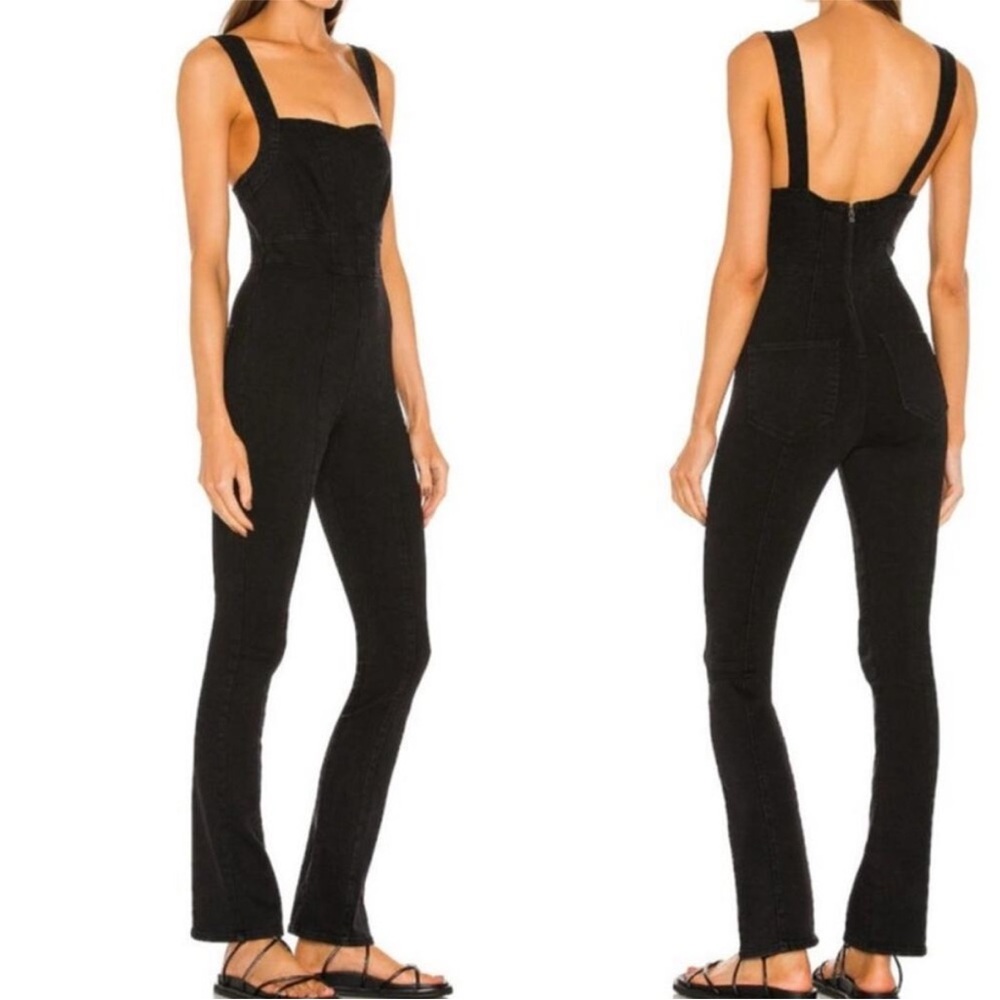 Free People We the Free  Light My Fire Black Denim Jumpsuit Overalls size XL